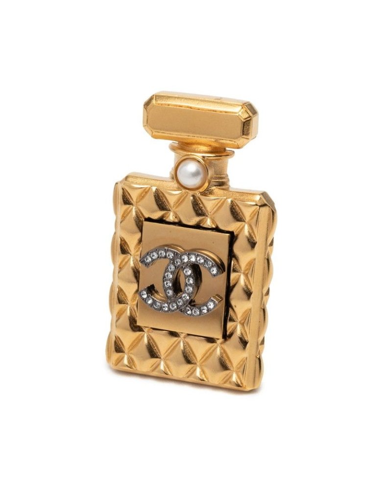 Chanel Cc Logo Quilted Perfume Bottle Brooch Gold Plated Faux Pearl Line Stone 1255$